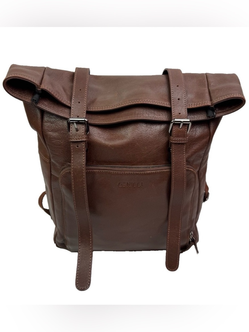 Genicci Cognac Jason Roll Top 15" Laptop Unisex Leather Backpack READ FLAWS